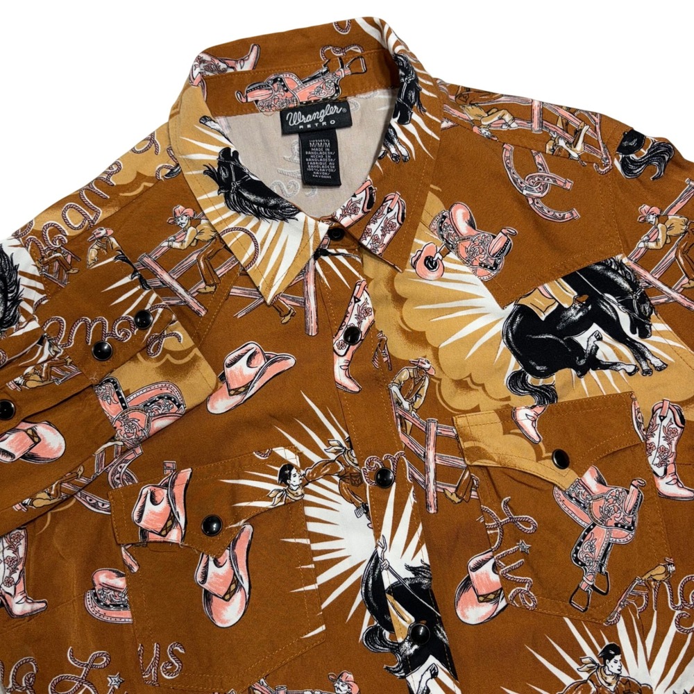 Wrangler Retro Mens Long Sleeve Western‎ Shirt Brown Cowboy Rodeo Print M M